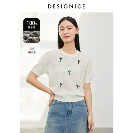迪赛尼斯2024年春季新款通勤风简约圆领短袖羊毛衫短款套头毛衣女图片