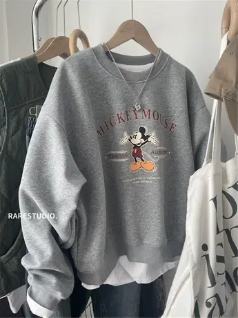 早春新款米奇字母印花减龄休闲圆领宽松百搭洋气小个子套头卫衣女图片