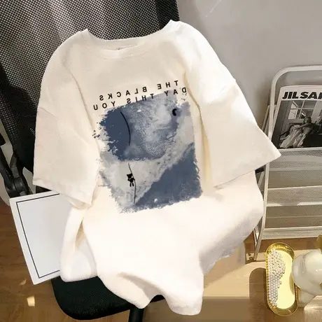 纯棉重磅白色短袖t恤女美式复古oversize小众设计感夏季上衣宽松商品大图