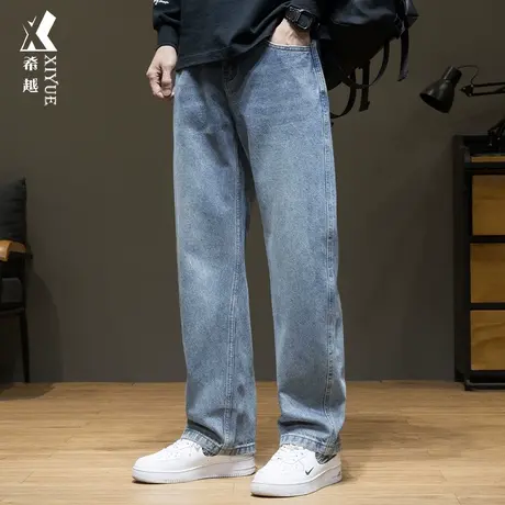 希越美式复古蓝色直筒牛仔裤男士2024春季宽松大码休闲阔腿长裤子商品大图