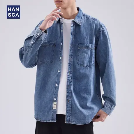 hansca牛仔长袖衬衫男春季美式复古潮流宽松休闲痞帅翻领衬衣外套商品大图