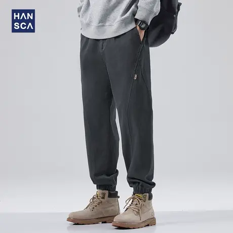 hansca弹力休闲裤男2023新款秋季潮牌拼接宽松加大码束脚工装长裤商品大图