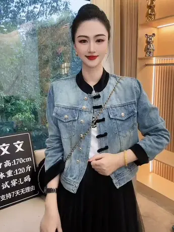 时尚国风中式牛仔外套短款2024春季新款小个子拼接夹克上衣潮ins图片
