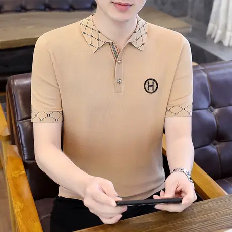 男士POLO衫夏季潮流高端冰丝针织翻领体恤上衣服2022新款潮牌短袖商品大图