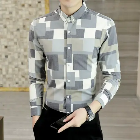 高级感衬衫男长袖轻奢韩版寸衫休闲男士痞帅个性格子衬衣潮流秋装商品大图