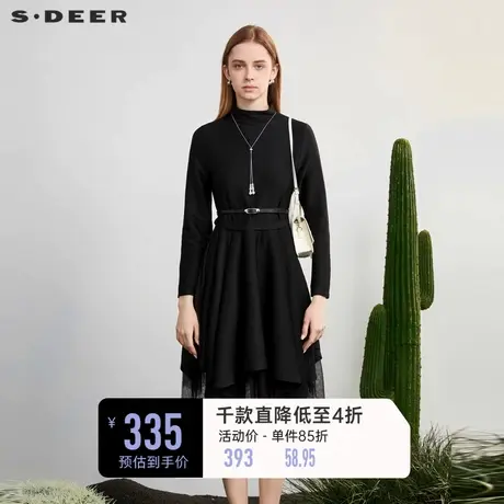 sdeer圣迪奥女装高领收腰网纱肌理长袖连衣裙S23181201图片