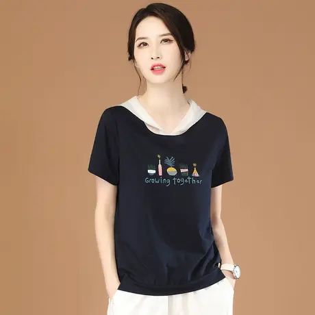 韩潮袭人冰棉连帽刺绣宽松短袖女装白t恤2023夏季新款上衣体恤衫商品大图