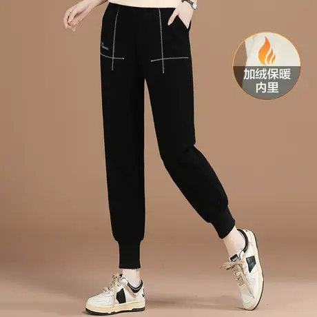 韩潮袭人松紧腰加绒黑色运动裤子女2023冬季新款休闲哈伦束脚卫裤图片