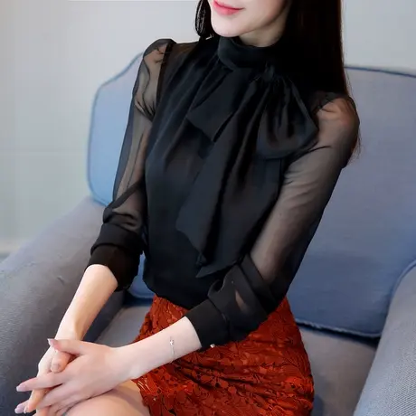 【换购10】雪纺衫女长袖新款春秋韩版仙女洋气气质系带短袖上衣图片