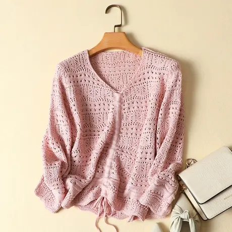 韩版宽松针织衫短款毛衣女长袖网洞春装上衣女空调衫镂空V领薄款图片