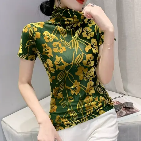 早秋高领T恤女欧货性感网纱短袖时尚提花气质上衣显瘦修身小衫ins图片
