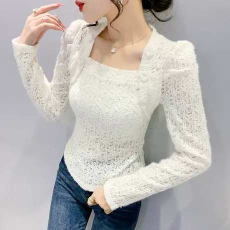 时尚方领蕾丝衫女春秋2023新款欧货洋气打底衫长袖性感镂空上衣潮图片