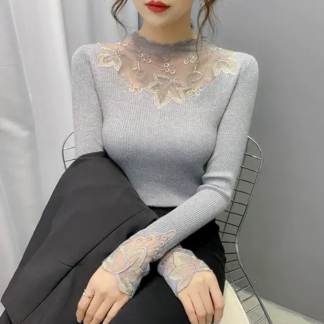 秋冬新款长袖套头蕾丝针织衫女士修身显瘦打底衫上衣洋气网纱毛衣商品大图