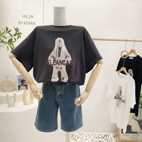 2022春夏新款短袖T恤韩国东大门ins复古字母头像上衣打底衫大码潮商品大图