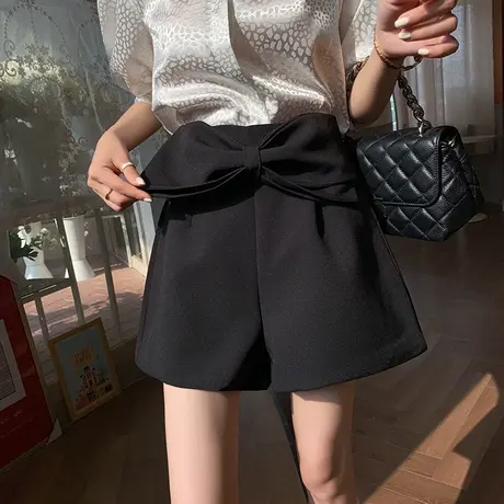 抖音同款黑色显瘦休闲阔腿裤女春夏新款小众高腰蝴蝶结A字短裤子图片