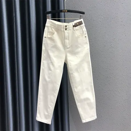 2023秋季新款米白色贴布设计感牛仔裤女高腰显瘦百搭小脚哈伦裤潮商品大图