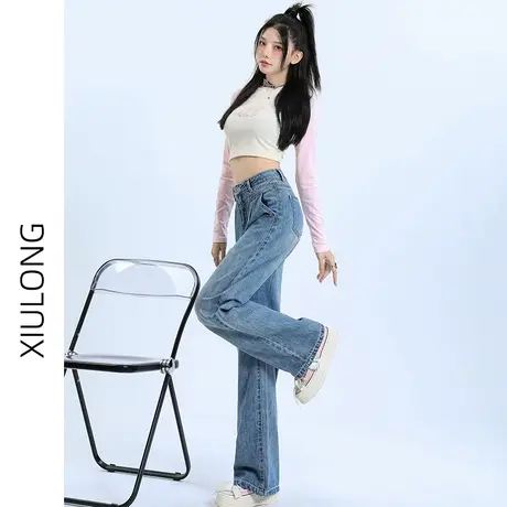 复古美式高腰牛仔裤女春秋2023年新款显瘦直筒宽松梨形身材阔腿裤商品大图