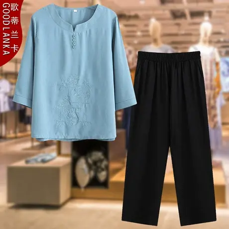 大码中年妈妈夏装短袖两件套宽松洋气中老年V领上衣女士休闲套装商品大图