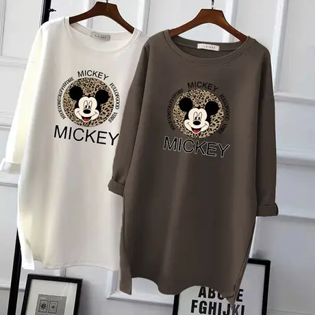 磨毛长袖t恤女中长款过臀韩版宽松卡通印花2022年秋冬装厚款上衣商品大图