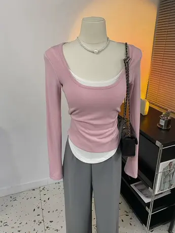 纯欲减龄~层次感拼接胸前双层假两件修身长袖T恤女春秋新款上衣韩商品大图