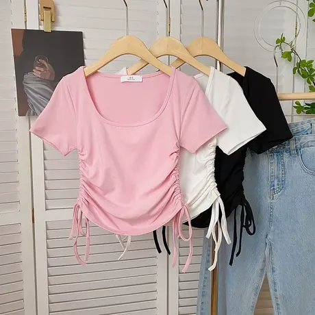 方领正肩短款短袖T恤女夏百搭纯棉修身打底衫侧边系带半袖上衣潮商品大图