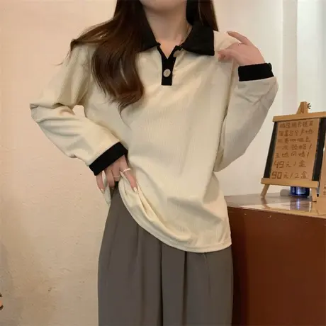 打底衫女秋冬内搭大码宽松显瘦小众设计感polo领长袖t恤洋气上衣商品大图