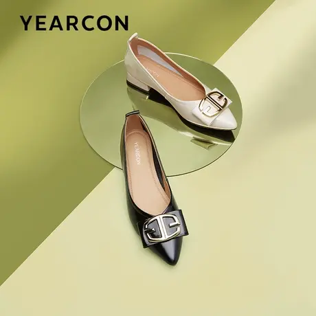 意尔康真皮粗跟单鞋女浅口温柔配裙子2023秋季新款百搭尖头法式商品大图