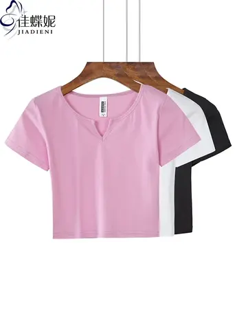 夏季新款韩版V领修身纯棉纯色短款纯欲短袖体恤上衣内搭女打底衫商品大图