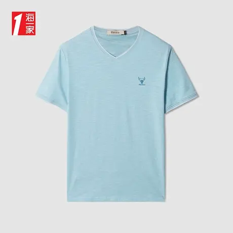 海一家简约V领短T新款质感绣花清新时尚休闲短袖T恤男图片