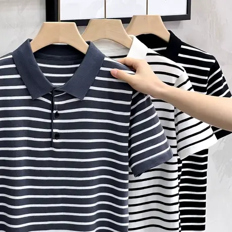 短袖t恤男2023夏装翻领POLO衫时尚潮牌韩版冰感针织休闲条纹半袖商品大图