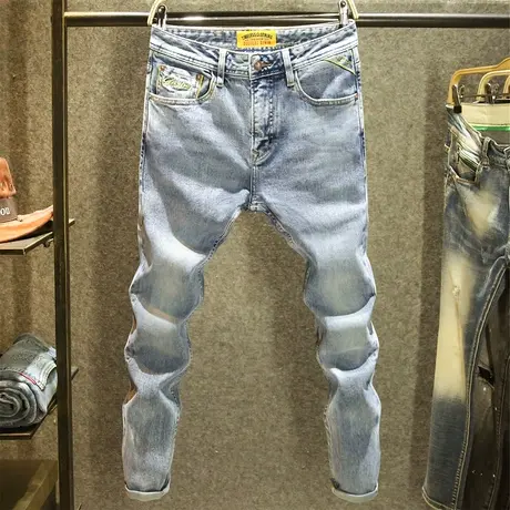 浅蓝色赤耳丹宁牛仔裤男款修身小直筒裤高端耐磨面料时尚刺绣长裤商品大图