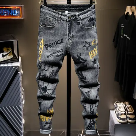 春季香港潮牌刺绣牛仔裤男修身小脚男士韩版潮流花裤子男百搭学生商品大图