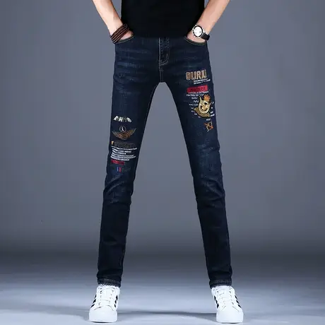 秋款男士刺绣牛仔裤男款小脚修身高端潮牌新款加绒裤子男潮流休闲商品大图