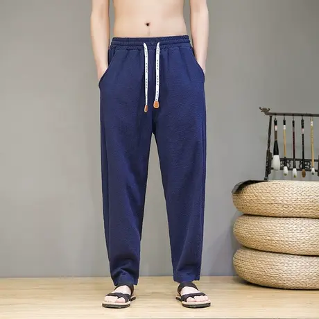 中国风复古亚麻裤子男夏季宽松直筒裤加大码哈伦裤长裤棉麻休闲裤商品大图