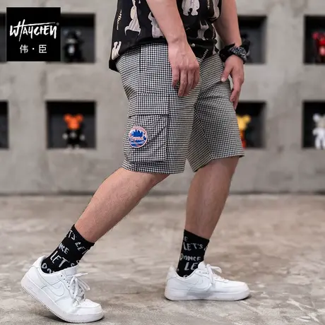 伟臣潮流千鸟格大码休闲短裤男胖哥加肥加大宽松工装机能风五分裤商品大图