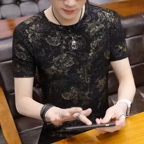 男士短袖t恤夏季新款2021韩版潮流半袖体恤男装潮牌上衣服冰丝男商品大图