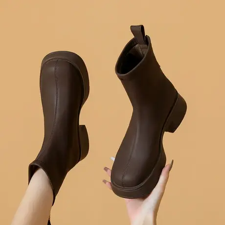 圆头短靴女粗跟2023年冬季新款小个子厚底时尚百搭加绒短筒瘦瘦靴商品大图