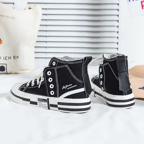 黑色高帮帆布鞋女ins百搭韩版ulzzang潮2021新款厚底街拍潮流板鞋商品大图