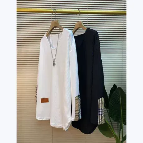 春秋款开叉中长款t恤女装长袖大码胖mm韩版宽松遮肉显瘦上衣200斤商品大图