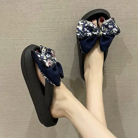 踩屎感厚底凉拖女夏季时尚外穿可爱碎花蝴蝶结沙滩防滑夹脚人字拖商品大图