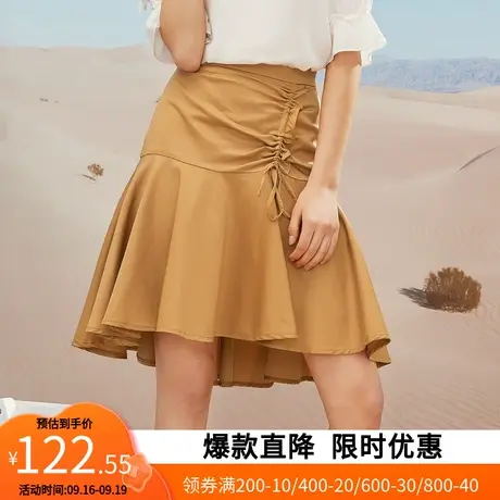 【艾格】2023夏新款优雅半身裙时髦抽绳前短后长荷叶边时尚中长裙图片