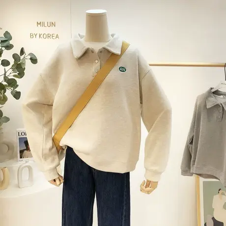 2021秋季新款韩国东大门慵懒休闲Polo领卫衣纯色百搭翻领上衣宽松商品大图