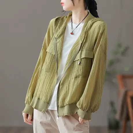 dza 复古薄款夏季防晒衣女士短外套2023新款宽松外搭连帽显瘦上衣图片
