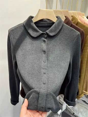 双面德绒翻领T恤小衫保暖时髦气质打底衫2022冬爆款女装针织上衣商品大图