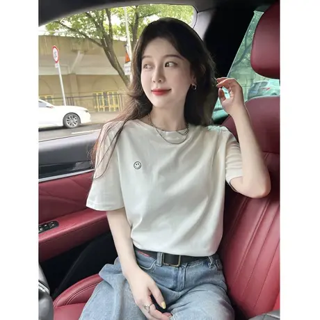 短袖T恤女2023夏潮牌t恤白色上衣情侣半袖宽松ins潮刺绣笑脸体恤商品大图