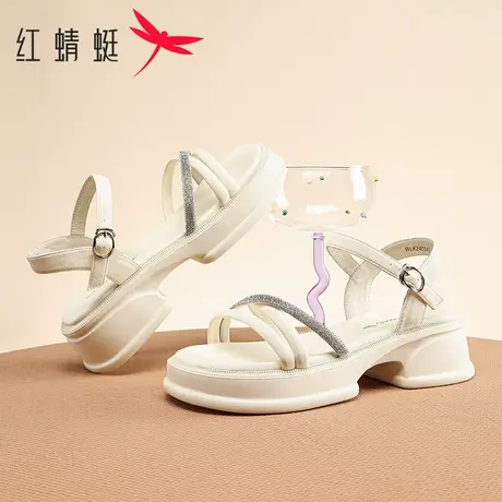 红蜻蜓女鞋夏季仙女风厚底休闲鞋百搭配裙子粗跟一字扣带罗马凉鞋商品大图