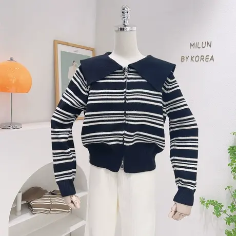 22秋冬季法式浪漫温柔气质毛衣开衫ins韩系休闲娃娃领条纹针织衫图片