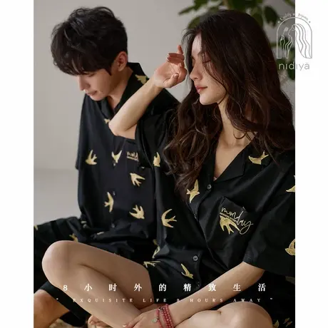 妮狄娅情侣睡衣女夏季柔软棉短袖男翻领开衫款时尚短裤家居服套装商品大图