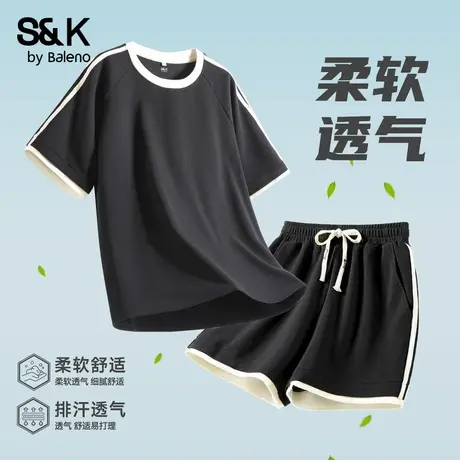 班尼路S&K系列华夫格撞色运动套装女新款黑色柔软透气T恤三分裤Q商品大图