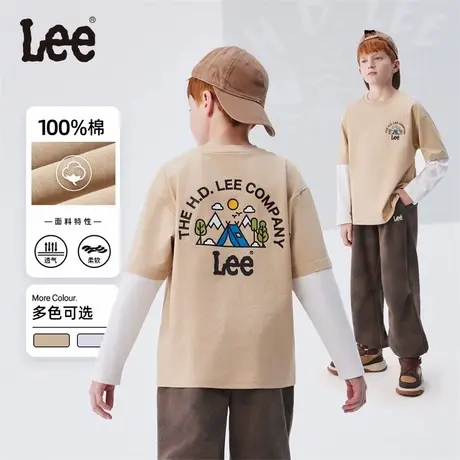 Lee儿童长袖T恤2025春季新款男童女童纯棉假两件拼接上衣中大童图片